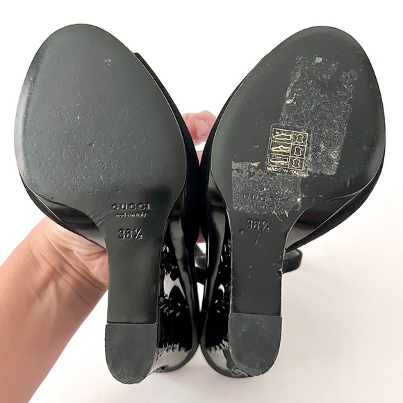 GUCCI | Black Suede Peep Toe Slingback Lucite Studded Wedge Heels Vintage 38.5 - Picture 12 of 13